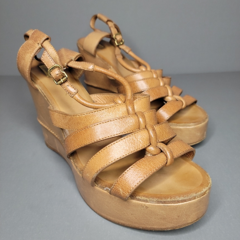 CHLOE Platform Wedge Sandal, Tan Leather Slingback Heels